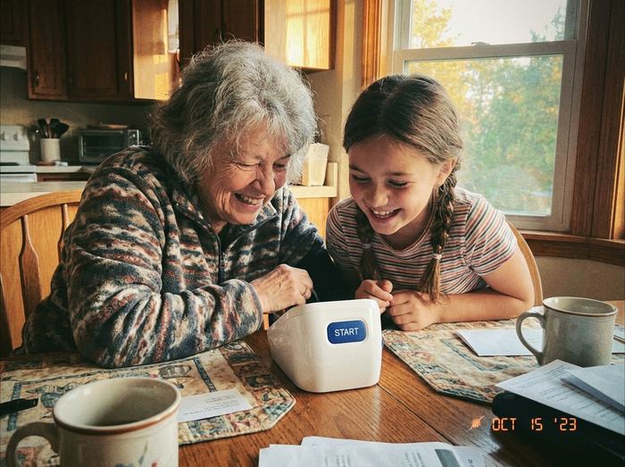 Grandma and granddaughter measuring together